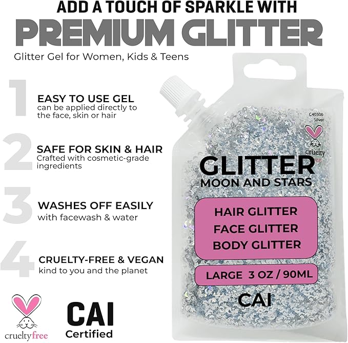 Hair Glitter Gel – 3 Oz Chunky Iridescent Holograph Stars & Moon, Cosmetic-Grade Glitter for Hair, Body & Face for Kids and Women, Applies Smoothly & Washes Off Easily - Rose/Gold 2Pack
