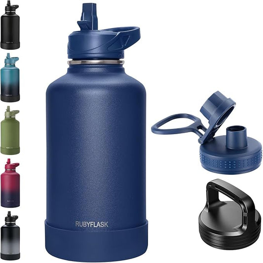 64oz Insulated Water Bottle with Straw, Half Gallon Stainless Steel Vacuum Water Jug, Large Thermal Water Bottle Flask with Leakproof 3 Lids for Travel, Camping, Gym Sports Navy