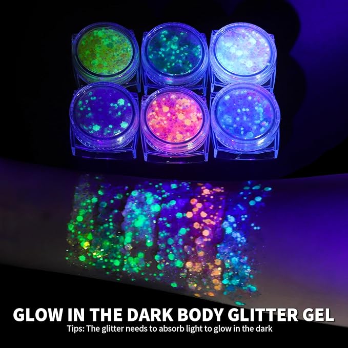 Teenitor 6 Colors Glow in The Dark Glitter Gel, Face Glitter Gel, Body Glitter Hair Glitter for Halloween Makeup UV Black Light Party Cheer Raves Festivals