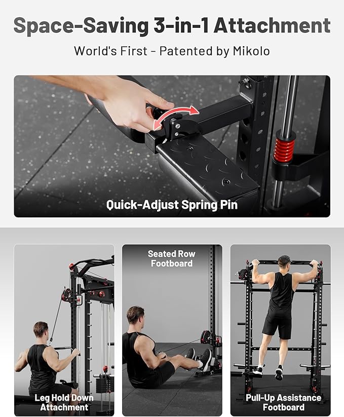 Mikolo Smith Machine, 2200lbs Squat Rack with LAT-Pull Down System & Cable Crossover Machine, Training Equipment with Leg Hold-Down Attachment