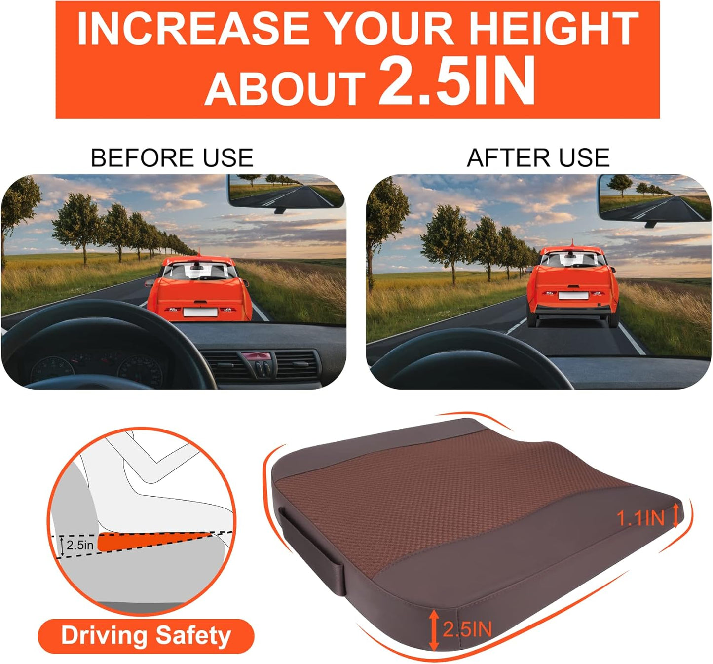 Car Seat Cushion, Comfort Memory Foam Car Cushions for Driving - Sciatica & Lower Back Pain Relief, Driver Seat Pillow for Auto, Office Chair, Wheelchair - Brown