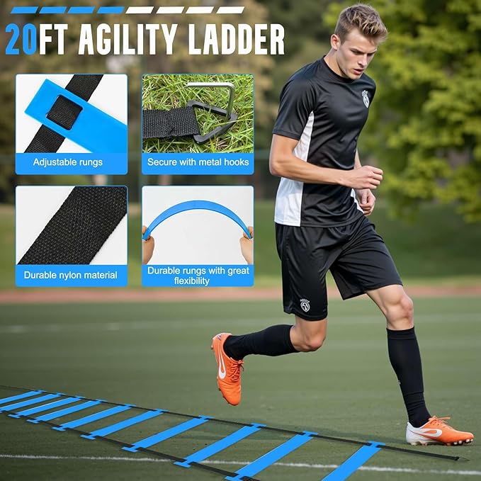 Agility Ladder, Soccer Training Equipment Set, 4 Agility Hurdles, 20ft Speed Ladder, Running Parachute, 12 Football Cones, Jump Rope | Soccer Basketball Athletes Speed Training