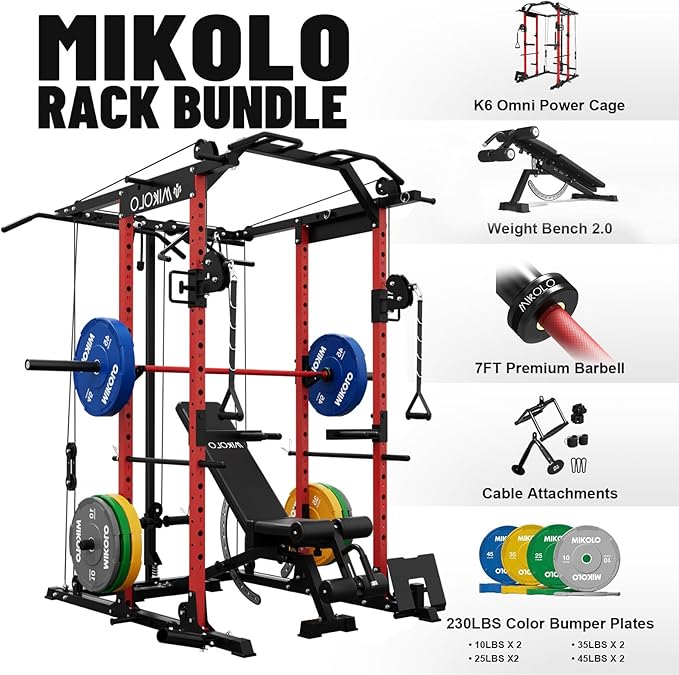 Mikolo Power Cage, Power Rack with Cable Crossover System, 1500LBS Squat Rack with LAT Pull Down System, Workout Cage with Pulley System for Fitness Home Gym