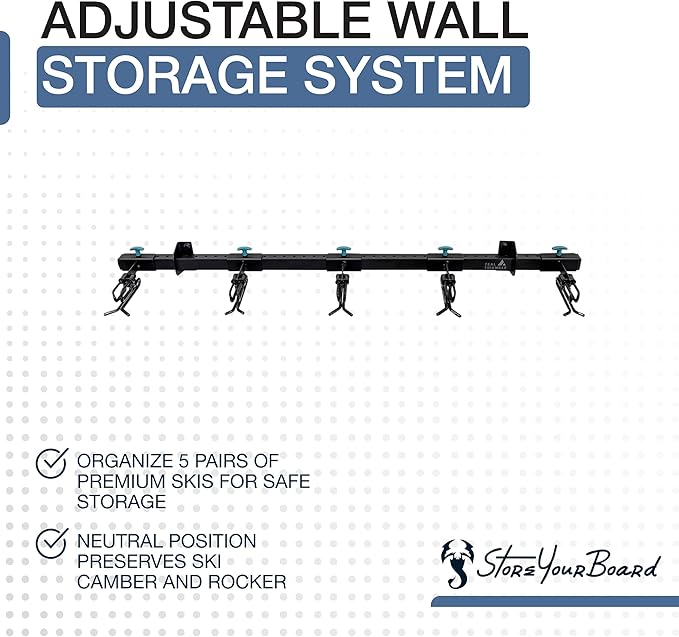 StoreYourBoard Lone Peak Ski Storage Rack, Wall Mount Organizer Holds 5 Pairs of Skis and Poles, Supports 300 lbs, 46 in x 8 in x 3.5 in
