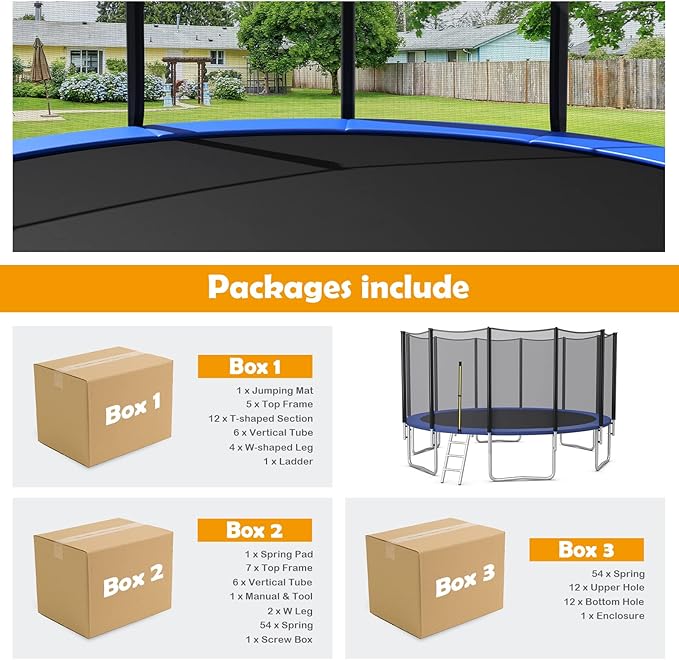 GYMAX Trampoline, 8FT 10FT 12FT 14FT 15FT 16FT Recreational Trampolines w/Safety Enclosure Net & Ladder - ASTM Certificated, Outdoor Trampoline for Kids and Adults