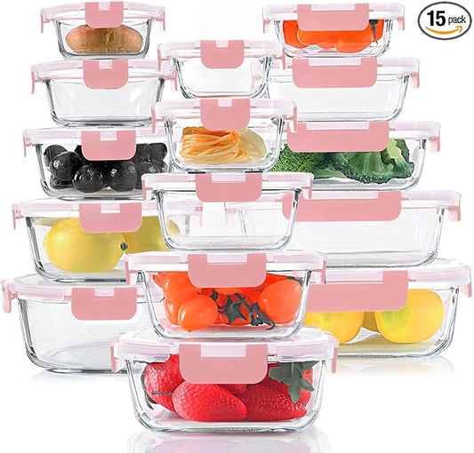 30 Pieces Glass Food Storage Containers Set, Meal Prep Containers Set with Snap Locking Lids, Airtight Glass lunch Containers, Microwave, Oven, Freezer & Dishwasher,Pink