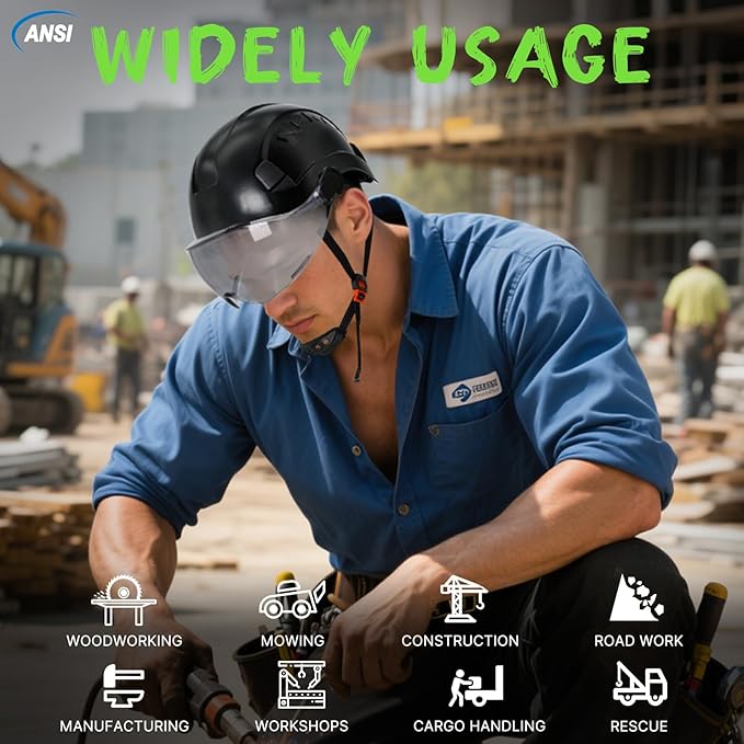 Aolamegs Construction Hard Hats for Adults - Hard Hats Construction OSHA Approved with Smoke Visor for Men Women, ANSI Z89.1 Vented Safety Helmet, Hard Hat with Chin Strap,6 Point Suspension （Black
