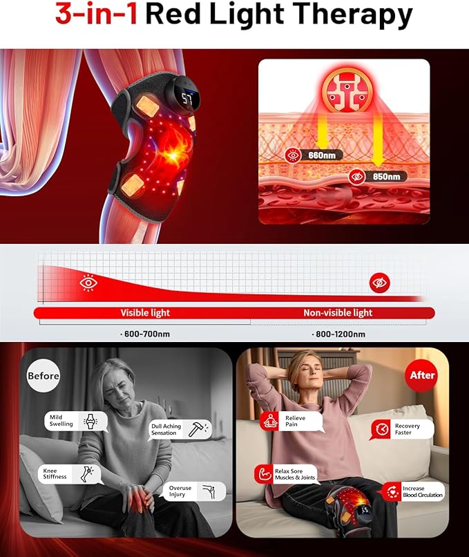 Upgraded PRO Red Light Therapy Knee Brace & 4 Vibration Massage - Wireless Rechargeable Controller, 660nm&850nm Red Light Therapy Heated Device for Knee/Elbow/Shoulder Pain