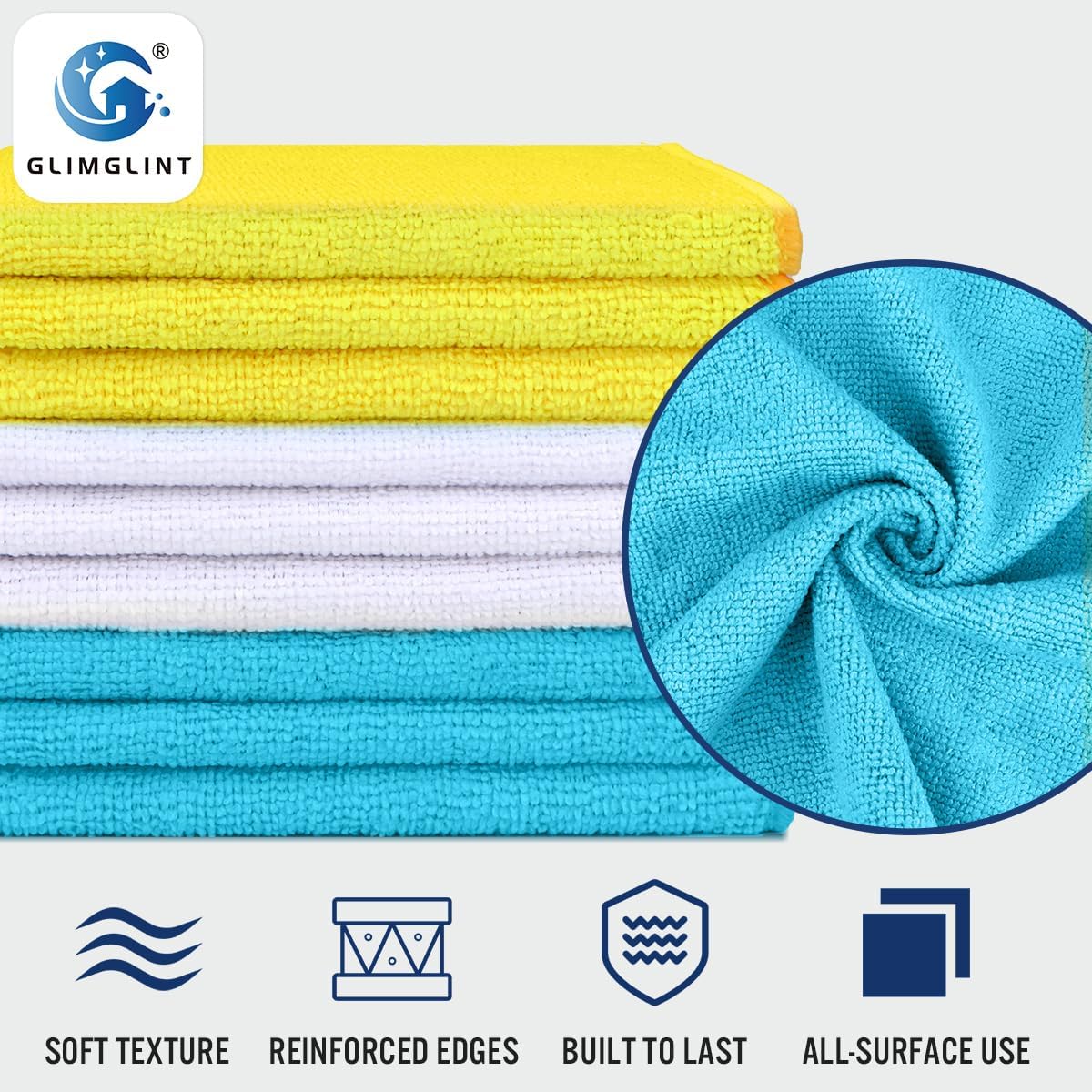 GLIMGLINT Microfiber Cleaning Cloth, 150 Pack Cleaning Rags, Cleaning Towels with 3 Color Assorted, Shop Towels 14"X12"(Yellow/White/Blue)