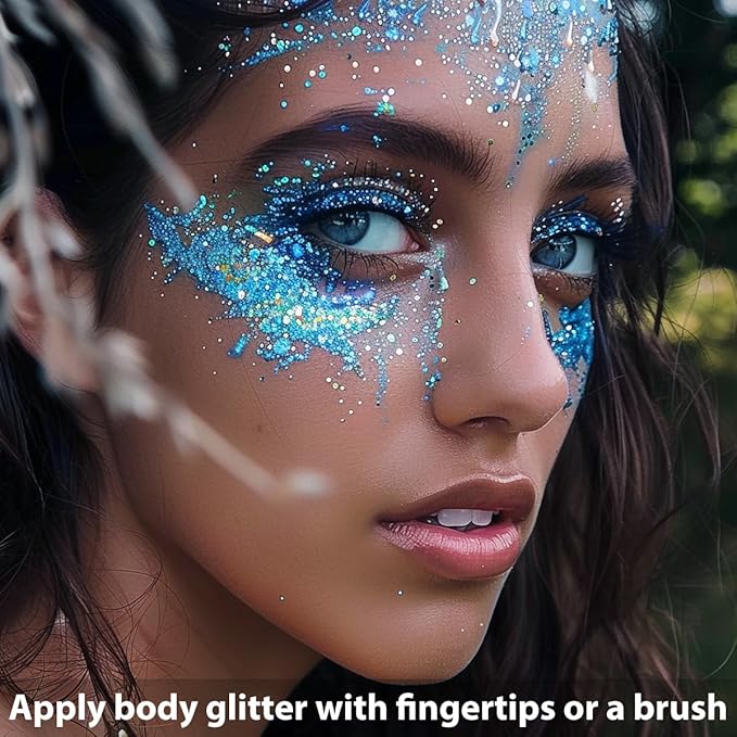 Mysense Blue Body Glitter Stick,Face Hair Glitter Makeup,Sparkling Mermaid Sequins Chunky Glitter Face Paint,Singer Concert Outfit Festival Rave Accessories for Women and Kids