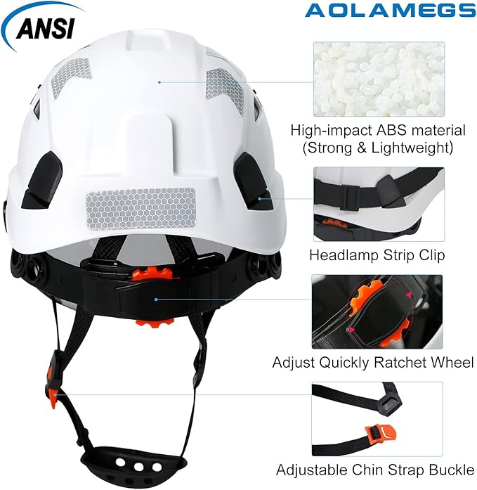AOLAMEGS Construction Safety Hard Hat - ANSI Z89.1 Type Ι OSHA Approved Safety Helmets with Chin Straps Lightweight Reflective Vented ABS Hard Hats For Men Women Industrial Workwear 6-point Suspension