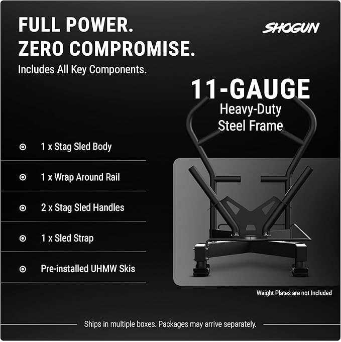 Shogun Stag Push Pull Sled – Full-Size Weighted Power Sled for Strength & Speed Training – Heavy Duty Gym Fitness with UHMW Skis & Dual Handles – Weighted for Grass, Turf & Concrete