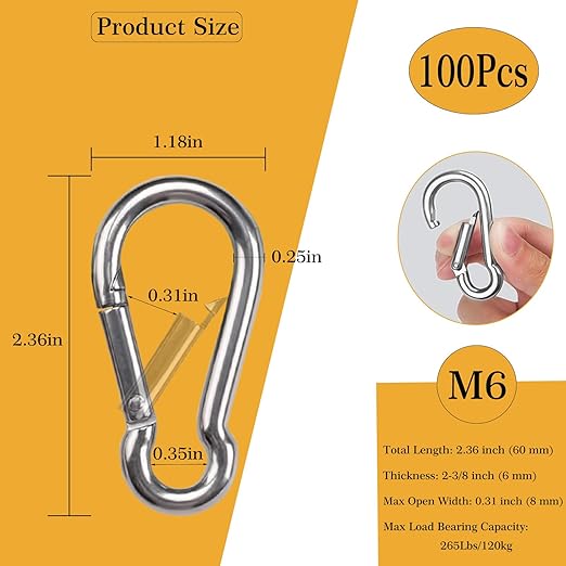 100Pcs 2.4" Carabiner Clip Spring Snap Hook, M6 2-3/8 Inch Heavy Duty Galvanized Steel Spring Snap Hook, Quick Link Keychain Clip for Keys Swing Set Camping Fishing Hiking Traveling(260 lbs Capacity)