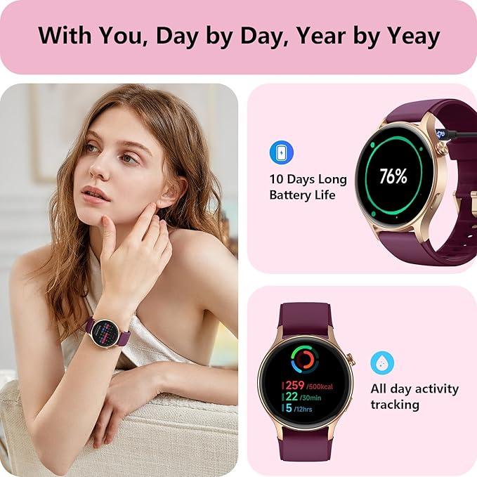 aeac Smart Watch for Women, AMOLED Ultra-Clear Screen Activity Trackers with Heart Rate/Sleep/SpO2 Monitor, Smartwatch for iPhone/Samsung/Android, 110+ Sport Modes (Deep Purple, S/M/L, Deep Purple)