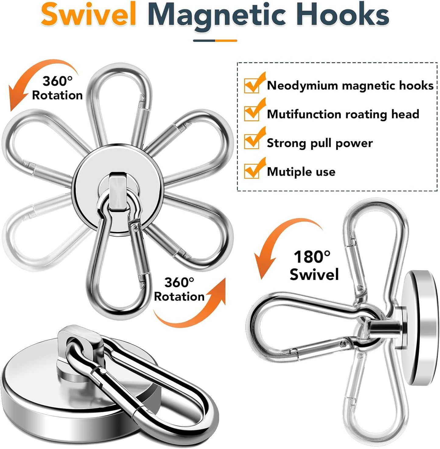 MIKEDE Magnetic Hooks Heavy Duty, 150LB Strong Swivel Neodymium Magnets with Magnetic Carabiner Hooks, Powerful Magnet Hooks for Hanging, Cruise Ship, Curtain, Home, Workplace - 6 Pack
