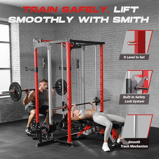 Smith Machine Home Gym, Multi-Function Power Cage with Dual Pulley Cable Crossover System, All-in-One Squat Rack with Smith Bar and Strength Training Attachments for Full-Body Workouts