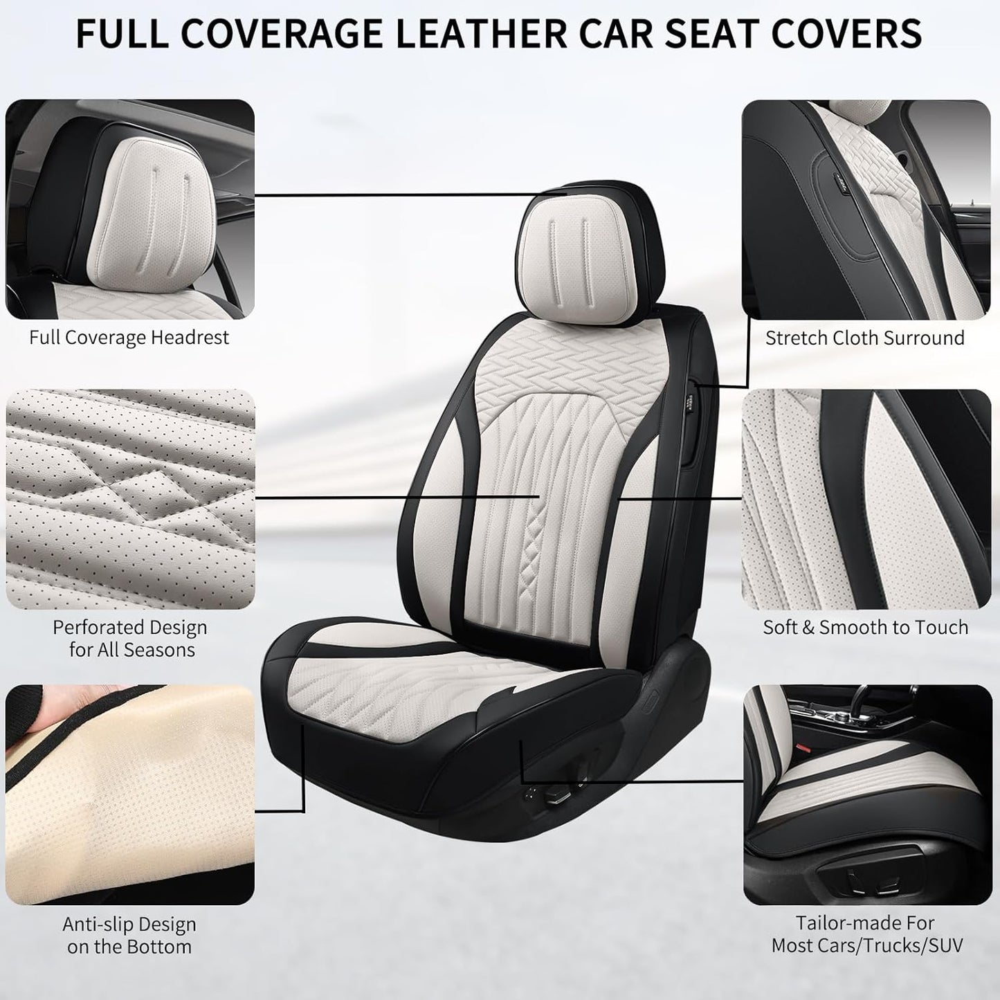 Car Seat Covers Full Set, Leather Seat Covers for Cars, Car Seat Protector Waterproof, Non-Slip Car Interior Covers Fit for Most Cars, SUV, Vans, Trucks,2Seats,Full Set,Black-White