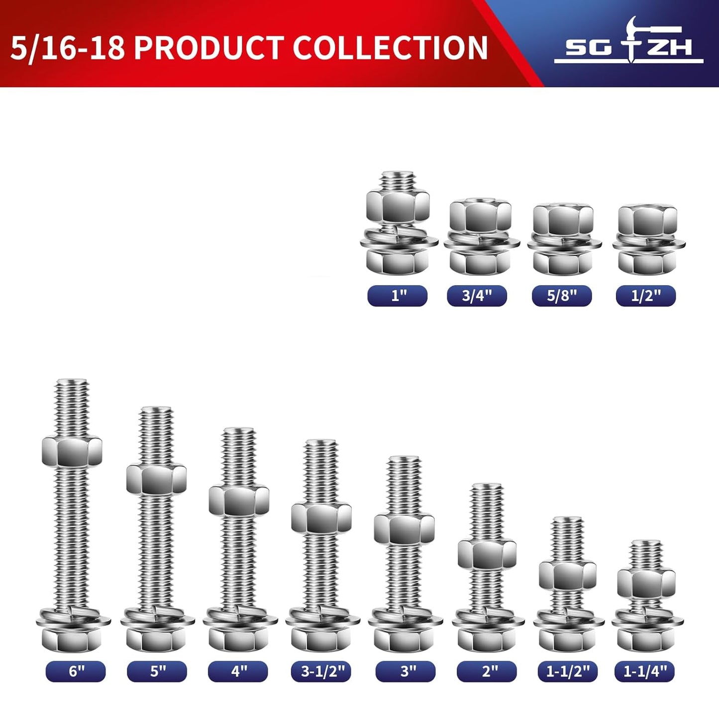 5/16-18 x 1-1/2" Hex Head Screw Bolt, Nuts, Flat & Lock Washers, 10Pcs 18-8 (304) Stainless Steel, Fully Threaded, by SG TZH