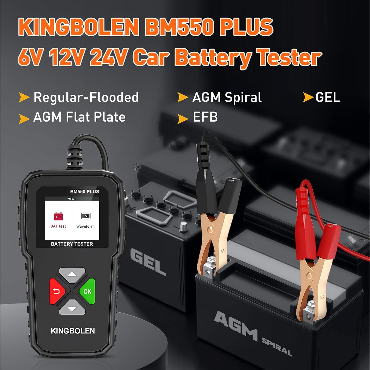 KINGBOLEN BM550 Plus 6V-24V 100-2000 CCA Car Battery Tester, Voltage Waveform Analyzer for Cars Trucks SUV Motorcycle