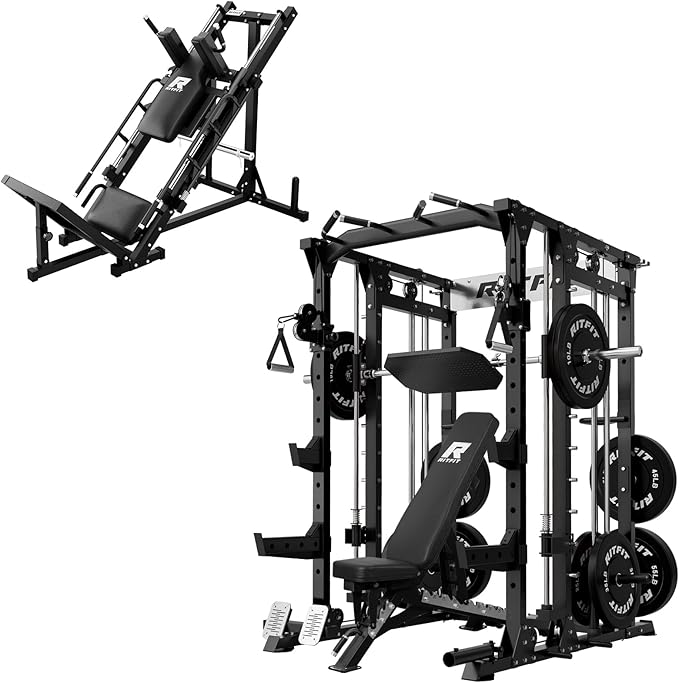RitFit Smith Machine Power Cage with LAT Pulldown & Cable Crossover, All-in-One Power Rack Home Gym System with Leg Press Attachment & Accessories