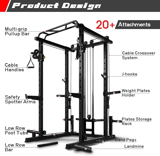 RitFit Multi-Function Squat Rack Power Cage PPC03 with Cable Crossover System, 1000LBS Capacity Power Rack and Packages with Optional Weight Bench, Barbell Weight Set, for Garage Workout & Home Gym