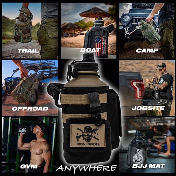 Iron Infidel Battle Bottle - Half Gallon Insulated Water Bottle with Paracord Handle, Large 64 oz Stainless Steel Water Jug with Rugged, Removable Sleeve for Keys, Wallet & Phone (Brown Recluse 2L)