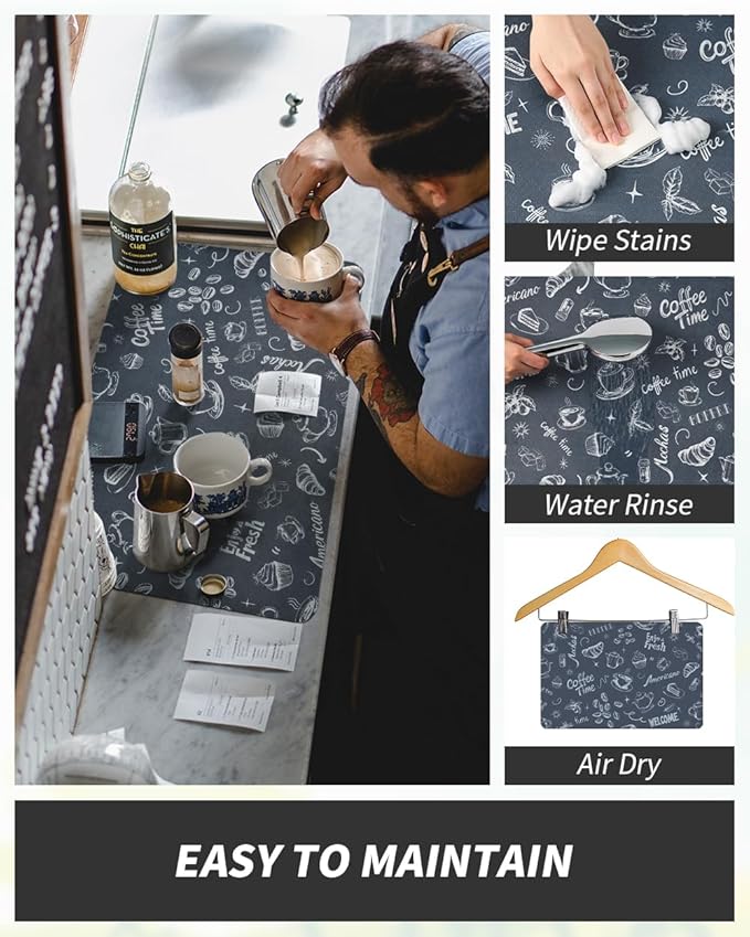AMOAMI Coffee Mat Hide Stain Rubber Backed Absorbent Dish Drying Mat for Kitchen Counter - Fits Under Coffee Maker & Espresso Machine (12x19,DUST BLUE)