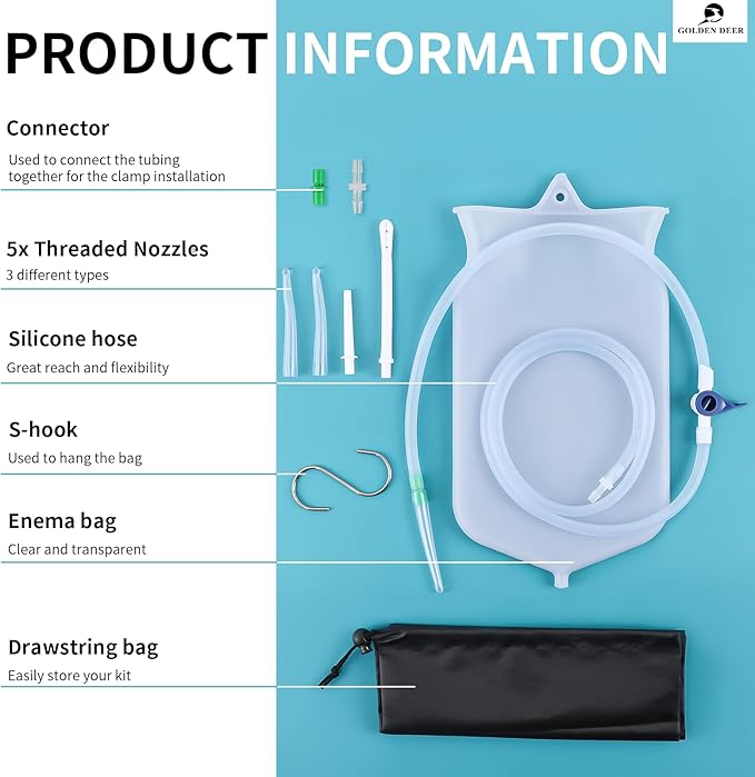 Silicone Enema Bag Kit - 2 Quart Capacity, 5 Multi-Size Reusable, Controlled Water Flow for Colon Detox Cleanse Enemas