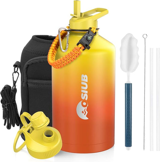 Insulated Water Bottle 128 oz, Triple Wall Vacuum Stainless Steel(Cold for 48 Hrs),Leak Proof & BPA-Free,One Gallon Water Bottle with Reflective Paracord & Flip Straw for Sports & Travel, Sunset