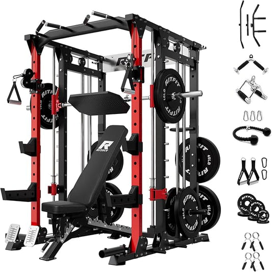 RitFit Smith Machine Power Cage with LAT Pulldown & Cable Crossover, All-in-One Power Rack Home Gym System with Leg Press Attachment & Accessories