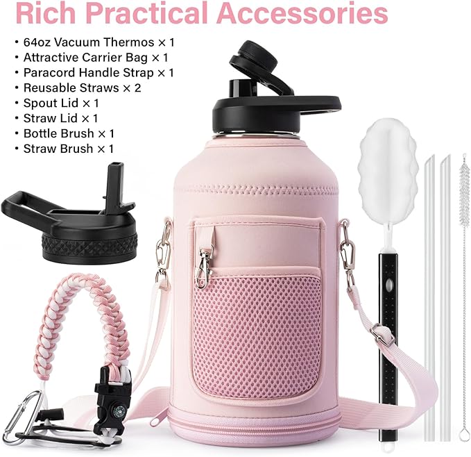 Insulated Water Bottle | Thickened Stainless Steel Vacuum Metal | Portable Sports Half Gallon Large Water Jug for Gym and Hiking with Straw, Carrier Bag, Handle Strap | BPA-Free 64 oz