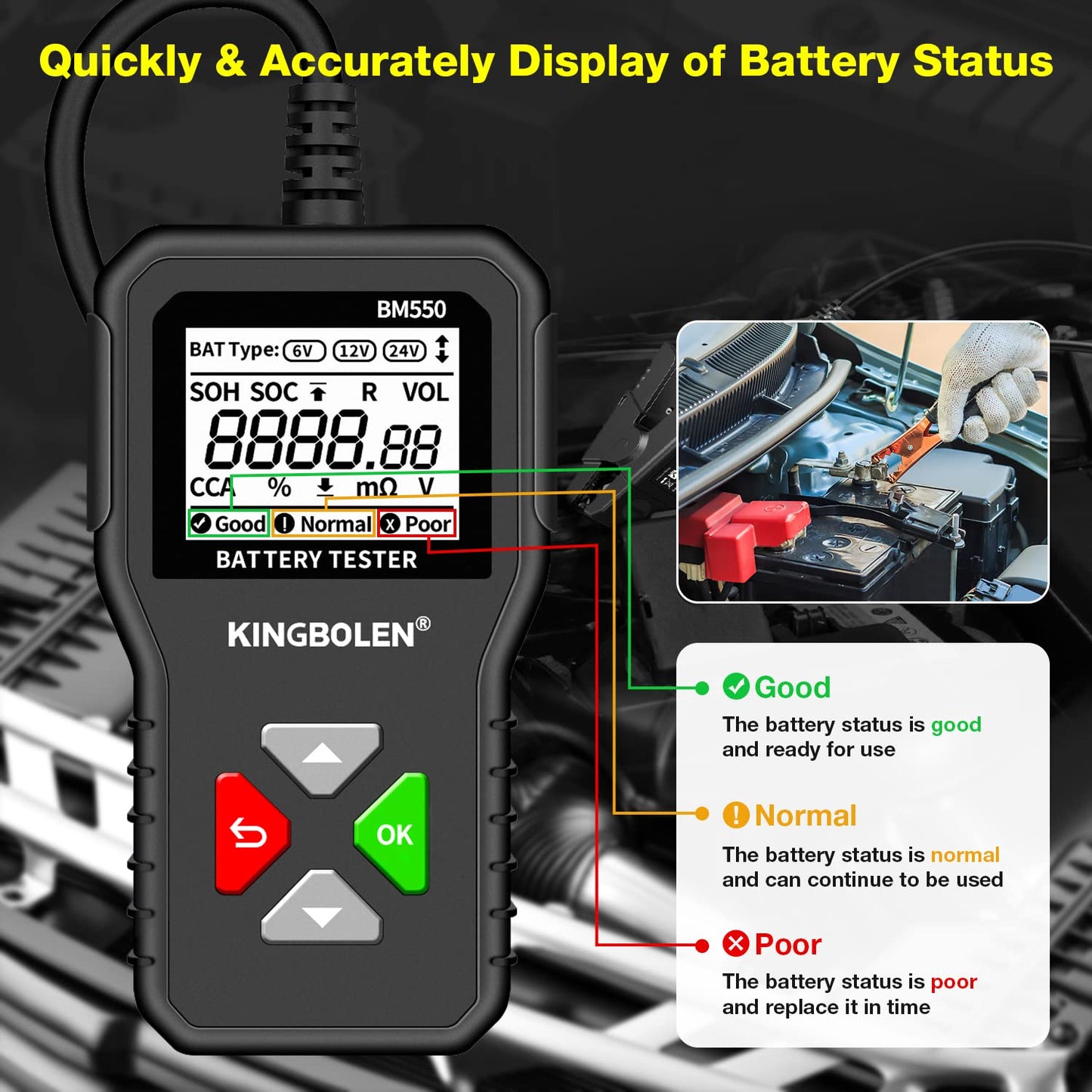 KINGBOLEN BM550 6V 12V 24V Car Battery Tester, 100-2000 CCA Voltage Tester 2Ah-220Ah Internal Resistance Tester Accurate Digital Auto Battery Analyzer for Cars Trucks SUV ATV Boats Motorcycles Vehicle