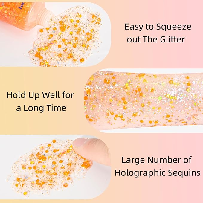 MEICOLY Neon Orange Body Glitter,Sparkling Face Glitter Gel,Mermaid Sequins Face Paint Glitter Autumn Makeup,Eye Hair Chunky Festival Rave Accessories Makeup,Party Body Glitter Gel for Women Kids,50ml