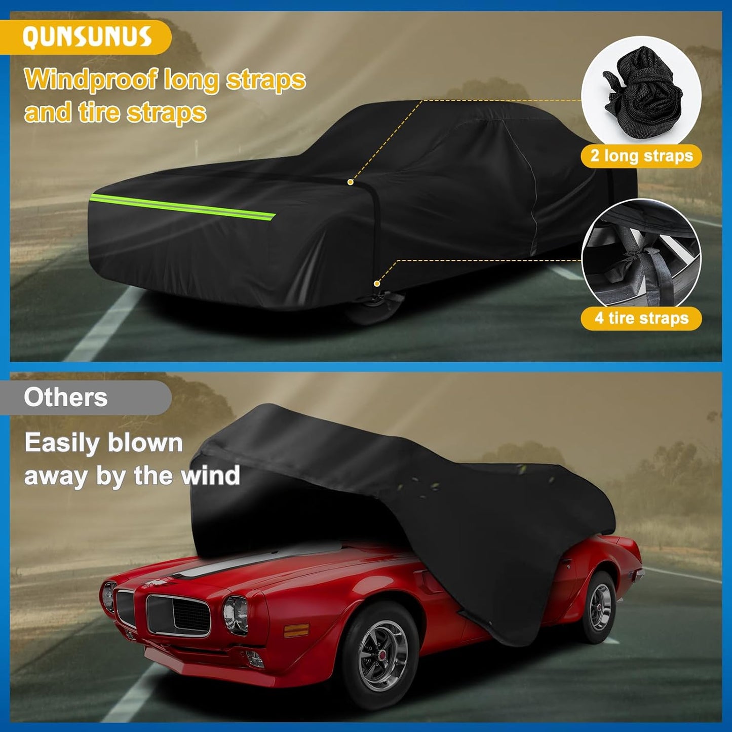 QUNSUNUS Waterproof Car Cover for Pontiac Firebird 1967-1992, Outdoor Car Covers with Zipper, All Weather Cover with Straps and Elastic Edges for Wind, Sun, UV and Dust Protection