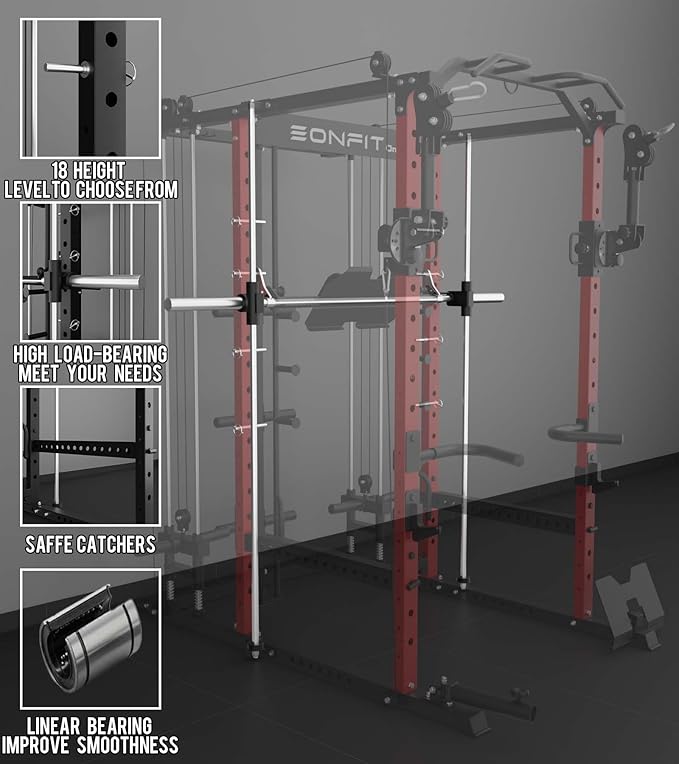 Eonfit E5 Smith Machine with Vertical Leg Press, Power Cage Squat Rack with LAT-Pull Down Cable Crossover Rotating Arms System Home Gym Equipment All in One (E5 RED)