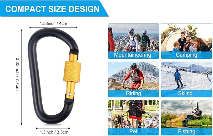 10 Pack Aluminum D Ring Key Rings Hiking Clips Locking Carabiner for Hiking Camping Fishing and Outdoor Use，Clips with Screw Gate Multicolored