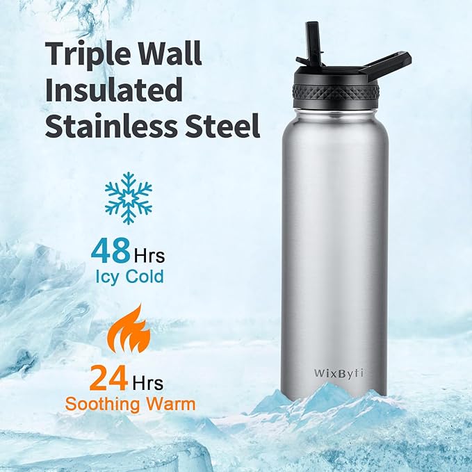 40 oz Insulated Water Bottle with Straw (Cold for 48 Hrs), Stainless Steel Triple Wall Vacuum Sports Water Jug, Leakproof Hydro Cup Flask with Paracord Handle & Straw Spout Lids & DIY Stickers