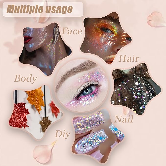 Face Body Glitter, Hair Glitter Sparkles Chunky Face Glitter Gel for Girls Makeup Singer Concerts Mermaid Festival Sequins Face Paint (3pc Pink)