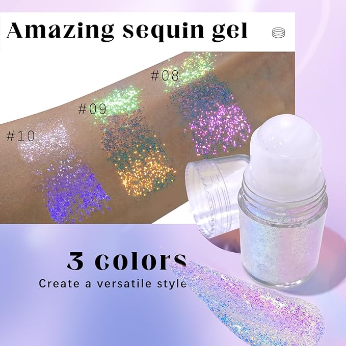 Roll-on Holographic Body Glitter Gel for Face Hair, Chameleon Color Changing Glitter Gel Under Light, Chunky Mermaid Sequins Festival Party Rave Accessories Shimmer Makeup (9# Golden Ocean)
