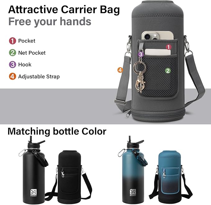 Insulated Water Bottle | Thickened Stainless Steel for Gym and Hiking with Straw, Carrier Bag, Handle Strap | BPA-Free 87 oz