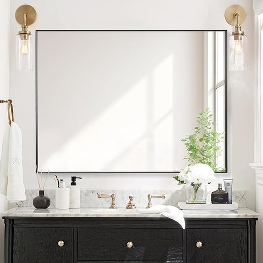 30x40 Inch Black Bathroom Mirror for Wall, Aluminum Frame Rectangle Rectangular Vanity Mirror, Modern Large for Bedroom, Living Room, Horizontal or Vertical