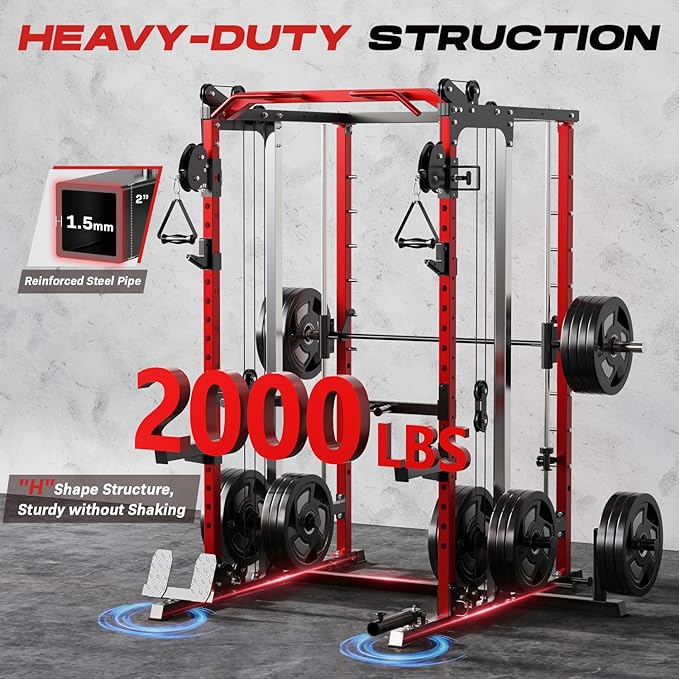 Smith Machine Home Gym, Multi-Function Power Cage with Dual Pulley Cable Crossover System, All-in-One Squat Rack with Smith Bar and Strength Training Attachments for Full-Body Workouts