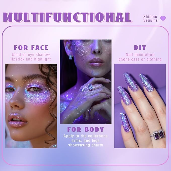 Roll-on Holographic Body Glitter Gel for Face Hair, Chameleon Color Changing Glitter Gel Under Light, Chunky Mermaid Sequins Festival Party Rave Accessories Shimmer Makeup (19# Purple)