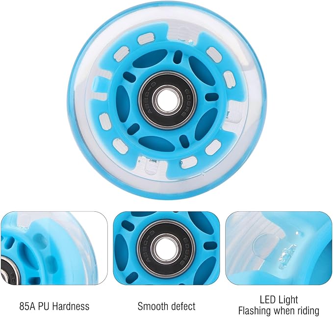 8pcs Inline Skate Wheels Led Light-Up Wheels 64/70/72/76/80mm w/Bushings 85-88A for Kids and Youth Beginners Children's Inline Skates Indoor/Outdoor Use (Blue, 76mm)