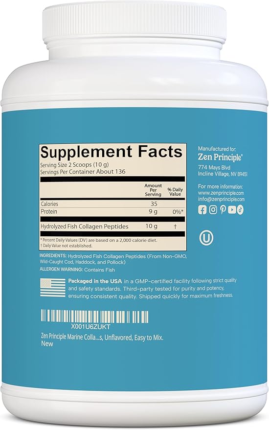 Zen Principle Marine Collagen Peptides Powder 3 lb. Wild-Caught Fish, Non-GMO. Supports Healthy Skin, Hair, Joints, and Bones. Hydrolyzed Type 1 & 3 Protein. Amino Acids, Unflavored, Easy to Mix.