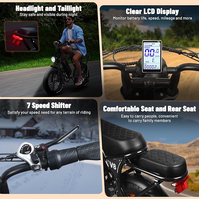 V8 Electric Bike for Adults, 20'' Fat Tire E Bike with Powerful Motor 48V 15Ah Removable Battery, 7-Speed Gears, 2 Seater E-Bike, Ebike Moped Style for Mountains, Snow, Sand, Road