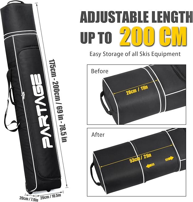 Partage Ski Bag - Ski Bag with Wheels Waterproof Ski Travel Bag Ski Boot Bag 600D Heavy Duty Oxford Fabric - Adjustable Length Up to 200cm Easy to Store and Transport Suitable for Men Women