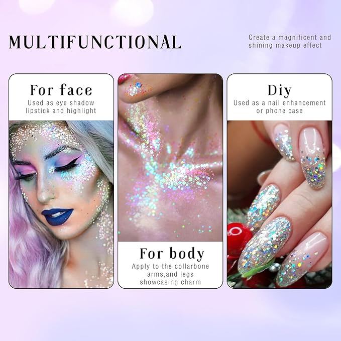 Roll-on Holographic Body Glitter Gel for Face Hair, Chameleon Color Changing Glitter Gel Under Light, Chunky Mermaid Sequins Festival Party Rave Accessories Shimmer Makeup (12# Sparkling Blue)