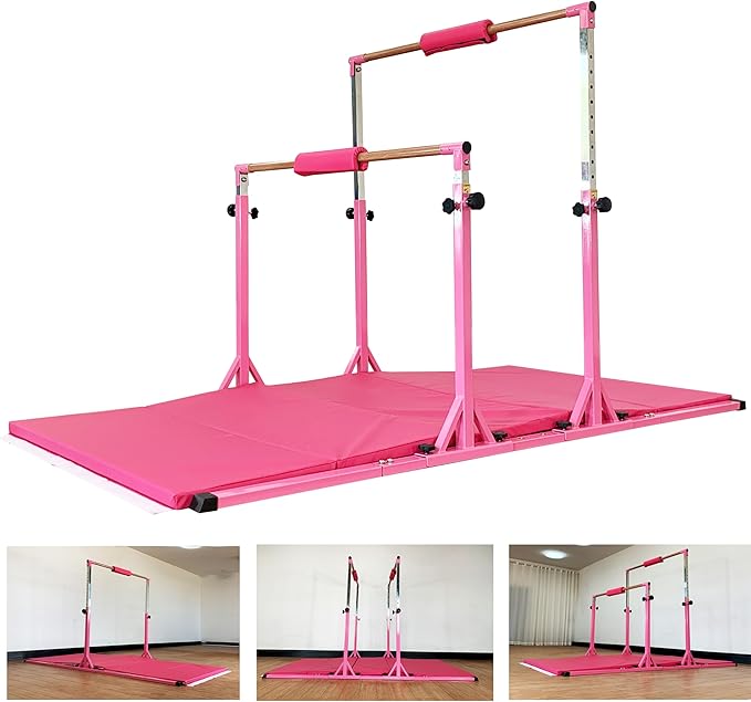 Gymnastics Double Horizontal Bars 3Play Parallel Bars Uneven Bars Gymnastics Training Kip Bar with 304 Stainless Steel Regulating Arms & Fiberglass Rail for Indoor Outdoor Home Club Use