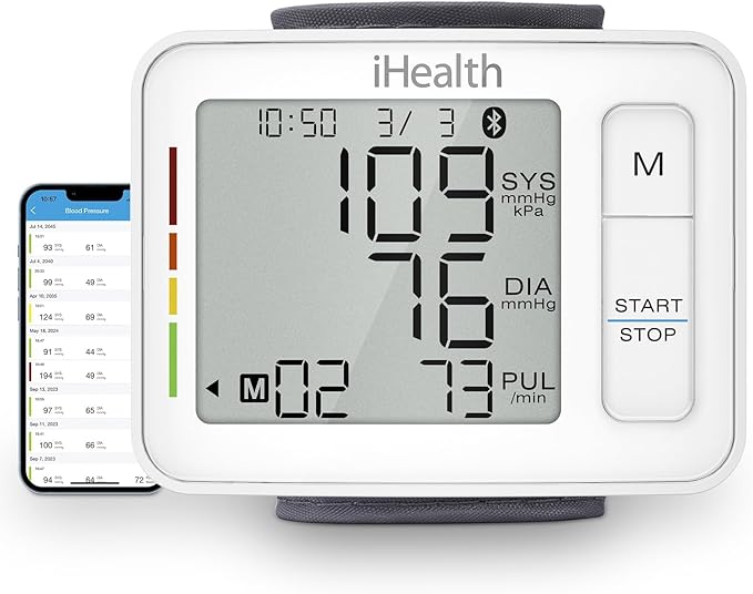 iHealth Push Wrist Blood Pressure Monitor, Digital Bluetooth Blood Pressure Machine with Large Display and Portable Carrying Case for at Home and Travel Use